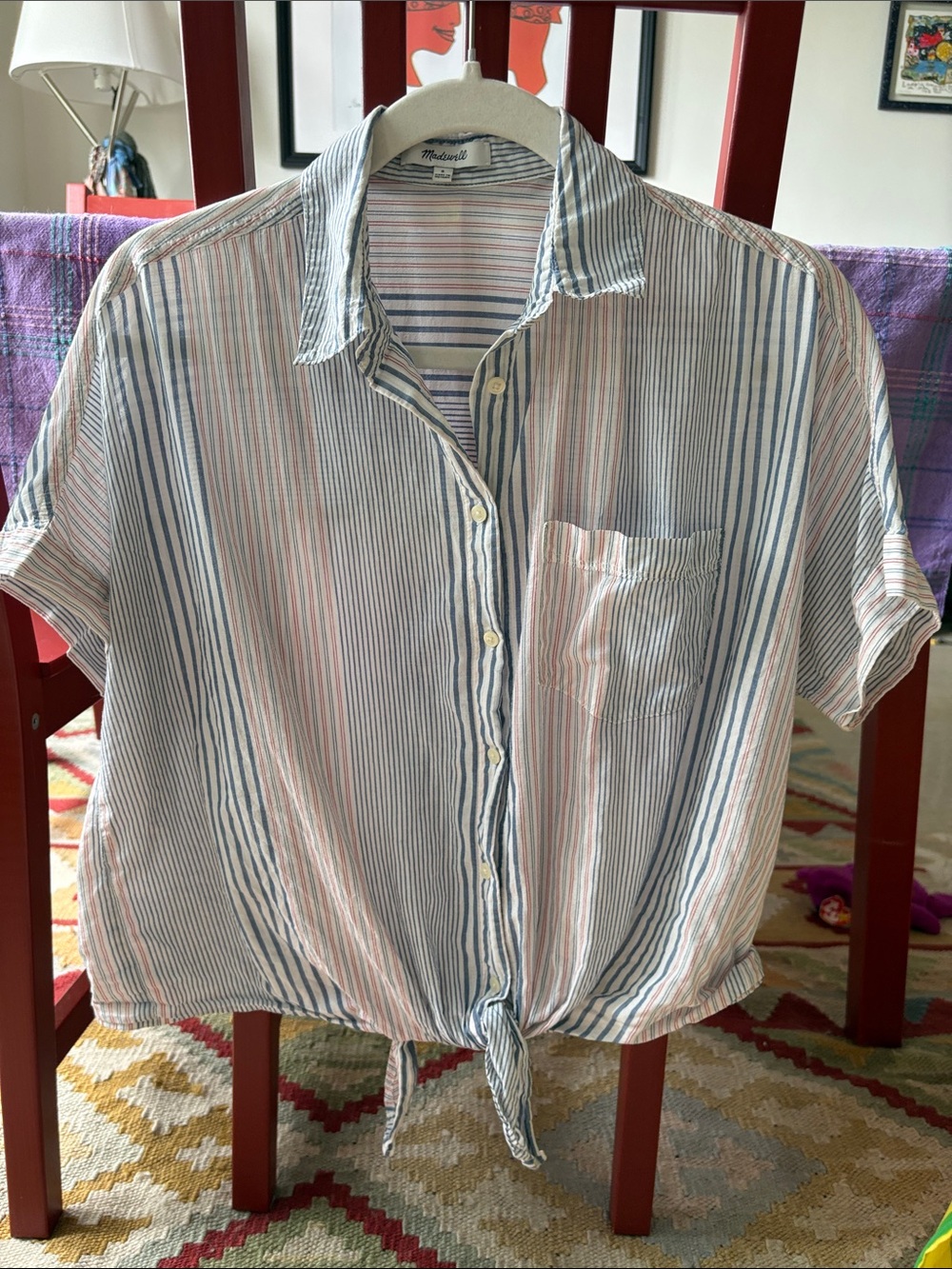 Madewell Short Sleeve Striped Button-Up Front Tie Shirt - Red, White, and Blue
